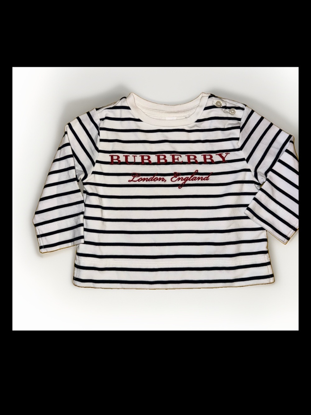 Burberry White and Navy Striped Long-Sleeve Tee with Red Logo